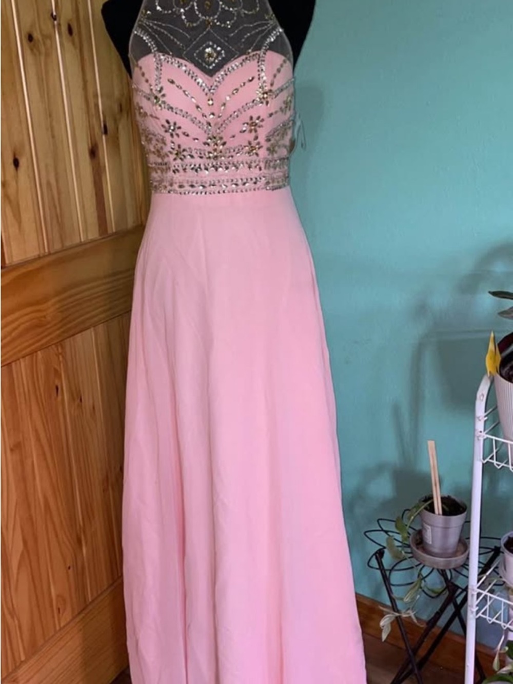 Pink Beaded Halter Evening Gown